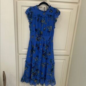 CeCe Bright Blue Floral Ruffle Midi Dress